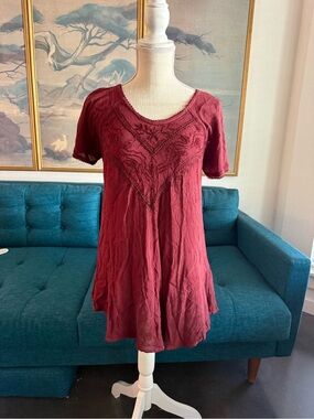 Sacred Threads Burgundy Embroidered Short-Sleeve Tunic